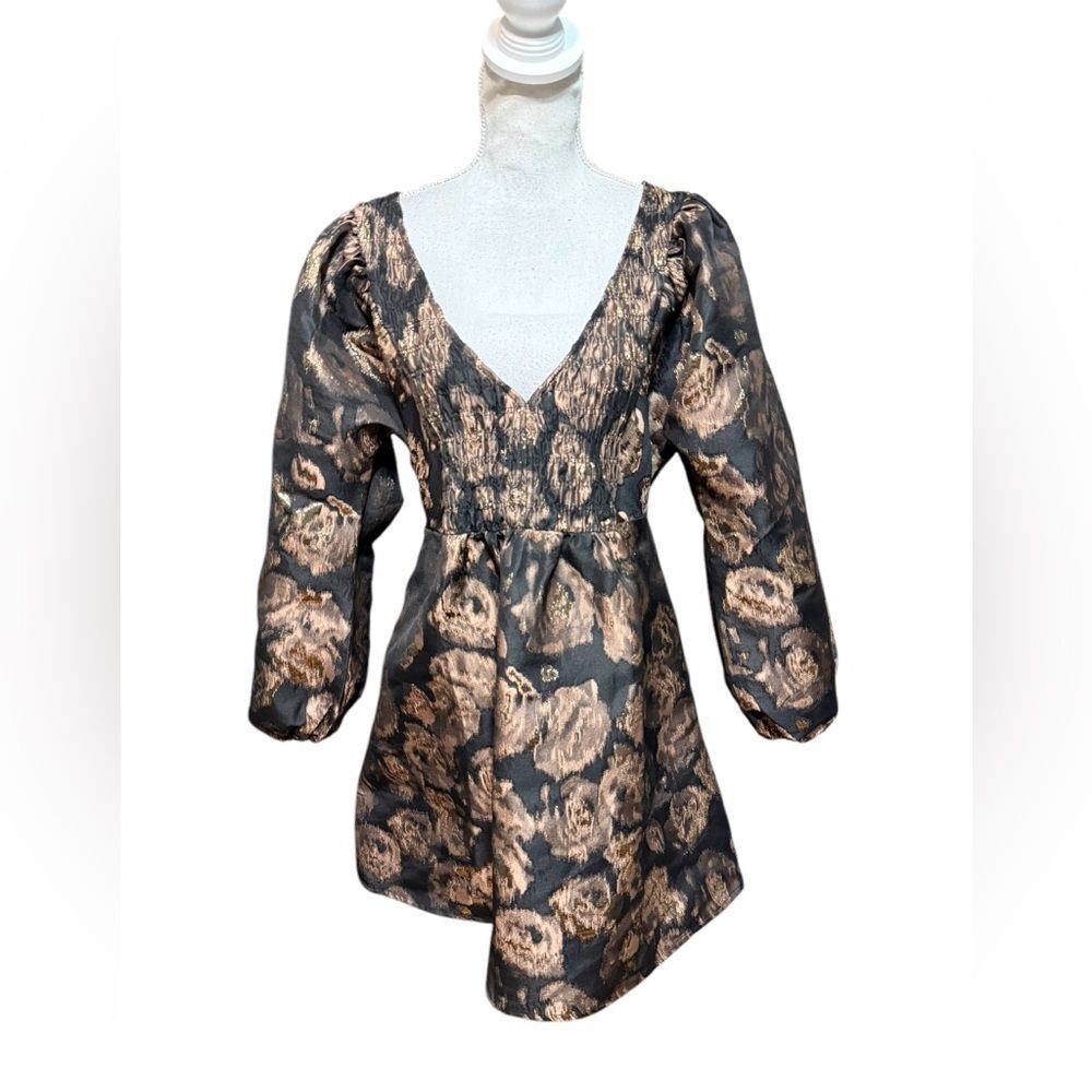 NWT Misa Edie Metallic Puff V-Neck Rose Gold Jacquard Mini Dress size Medium